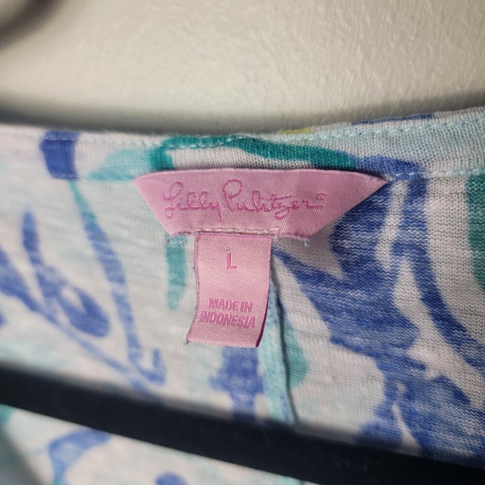 Lilly Pulitzer Duval Linen T Shirt Dress Blue Green Tropical Print Size L Preppy - Picture 6 of 11